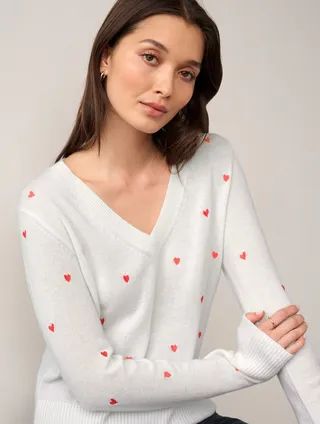 Cashmere Embroidered Heart V Neck