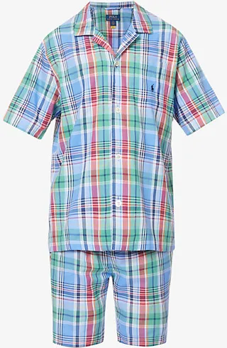 Mens Blue Green Multi Brand-embroidered Check Cotton Pyjamas