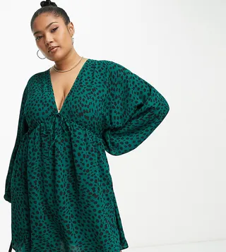 ASOS DESIGN Curve chuck on swing mini dress in green animal print
