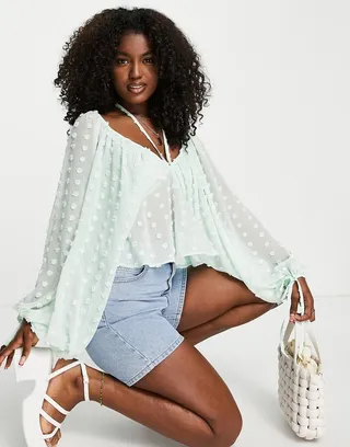 ASOS DESIGN long sleeve textured with tie neck detail and peplum hem in turquiose