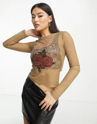 ASOS DESIGN mesh top with crystal stud hot fix graphic in khaki