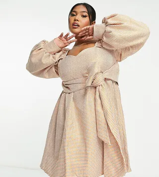 ASOS LUXE Curve sweetheart neck puff sleeve mini smock dress in orange check jacquard
