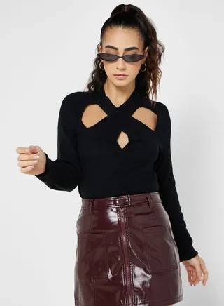Raglan Cross Front Cut Out Sweater
