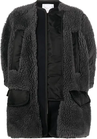 Crop-Sleeve Panelled Shearling Coat