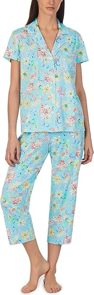 LAUREN Ralph Lauren Short Sleeve Notch Collar Capris PJ Set (Aqua Floral) Women's Pajama Sets