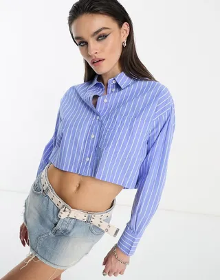 Bershka cropped boxy shirt in blue pinstipe