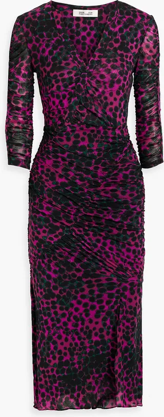 Mira ruched printed stretch-mesh midi dress