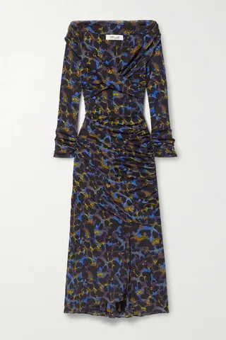 Diane von Furstenberg - Ganesa Off-the-shoulder Ruched Leopard-print Stretch-mesh Midi Dress - Black
