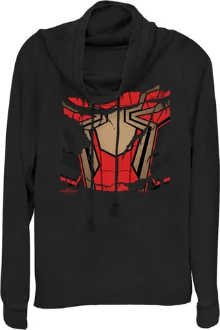 Junior's Marvel Spider-Man: No Way Home Ripped Iron Suit Cowl Neck Sweatshirt - Black - X Small