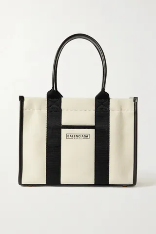 Balenciaga - Neo Navy Small Leather-trimmed Printed Organic Cotton-canvas Tote - Cream