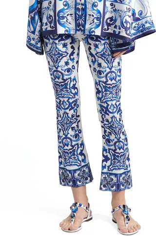 Tile-Print Flare-Leg Crop Charmeuse Pants