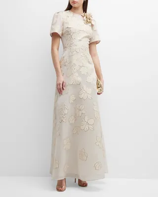 Flower-Embellished Floral Burnout A-Line Gown