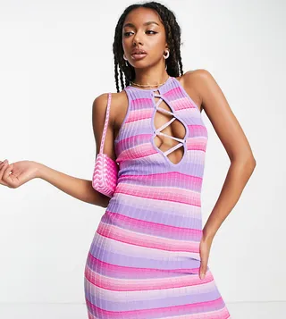 ASYOU lace up knit stripe dress in purple