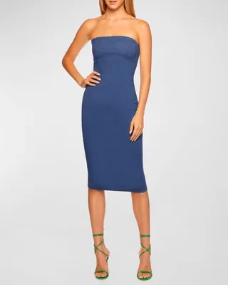 Strapless Stretch Denim Tube Midi Dress