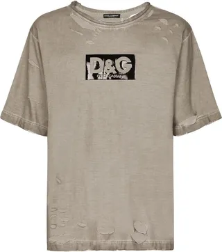 Brown Logo Print Distressed Cotton T-Shirt