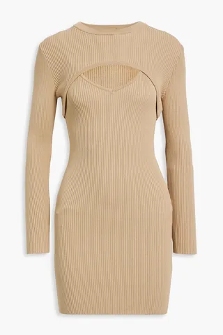Layered cutout ribbed-knit mini dress