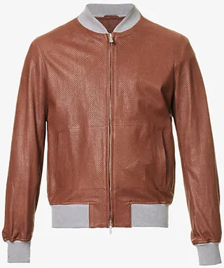 Mens Brown Perforated Ribbed-trim Leather Bomber Jacket