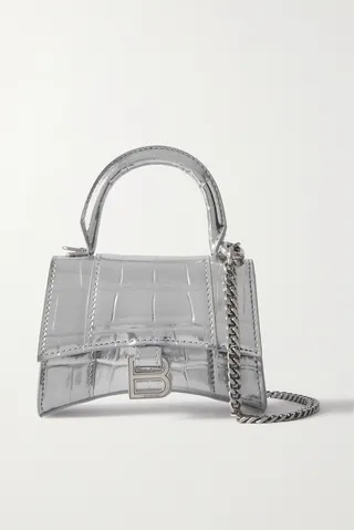 Balenciaga - Hourglass Mini Metallic Croc-effect Leather Tote - Silver