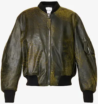 Womens Black Yellow Distressed Dropped-shoulders Leather Bomber Jacket