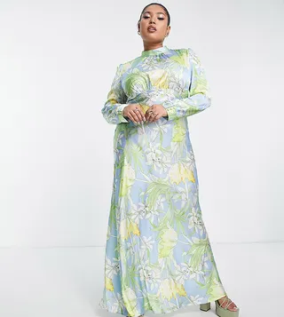 ASOS DESIGN Curve high neck maxi satin tea dress in large floral