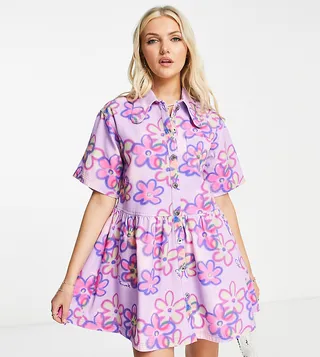 COLLUSION floral twill button down smock dress in purple