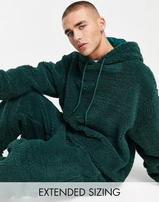 ASOS DESIGN lounge top with hood in dark green borg