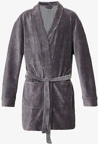 Mens Antracite Rigato Logo-embroidered Ribbed Stretch-cotton Blend Robe