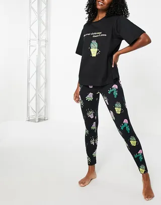 ASOS DESIGN Christmas 'doesn't succ' oversized tee & leggings pajama set in black