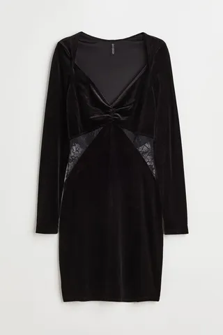 Lace-detail Velour Bodycon Dress