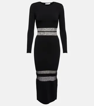 Mesh-paneled jersey midi dress