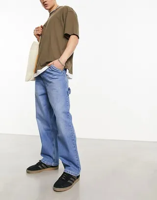 Bershka carpenter fit jeans in mid blue