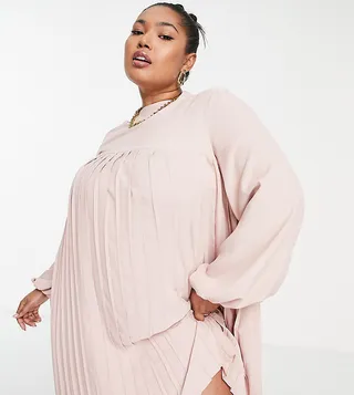 ASOS DESIGN Curve high neck pleated trapeze mini dress in blush