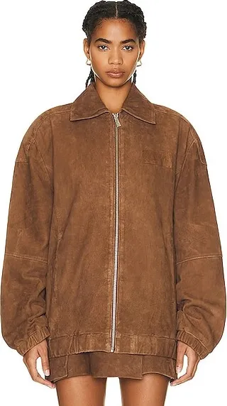 REMAIN Suede Relaxed Bomber Jacket in Brown