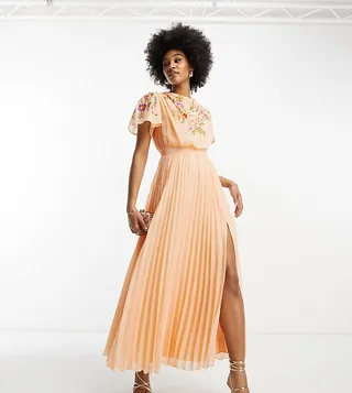 ASOS DESIGN Tall pleated textured cowl front embroidered maxi dress with belt in coral