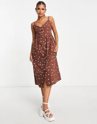 Influence cotton poplin cami midi dress in brown polka dot