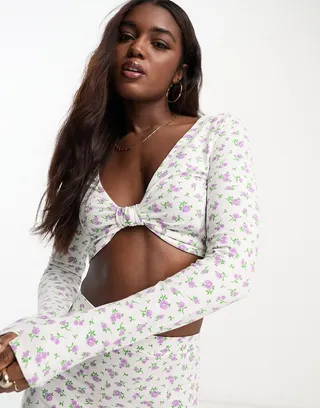 ASOS DESIGN long sleeve twist front top in white based lilac ditsy print - part of a set