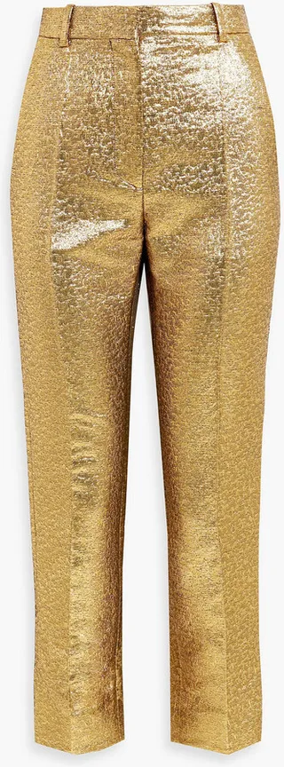 Cropped metallic cloqué slim-leg pants