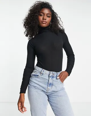 Miss Selfridge textured mesh roll neck bodysuit in black