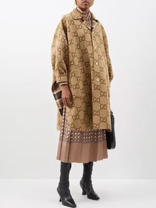 Reversible Check Wool-blend Cape Coat