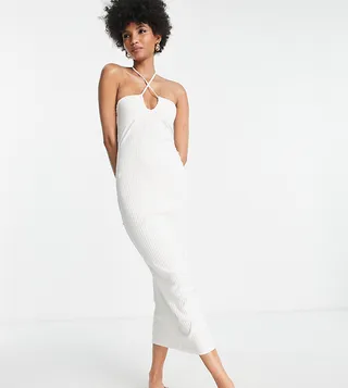 ASOS DESIGN Tall ribbed midi dress with halter neck tie in white