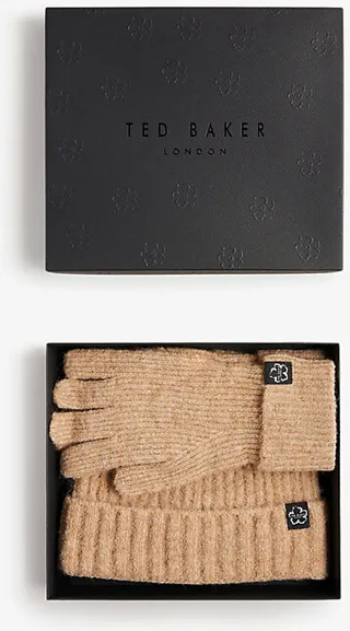 Womens Brown Brite Rib-knit hat and Glove set