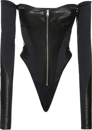 Off-the-shoulder leather corset bodysuit