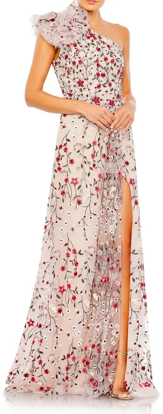 Floral Embroidered One-Shoulder A-Line Gown