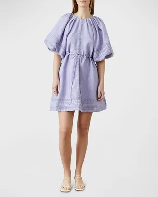 Viveka Blouson-Sleeve Linen Mini Smock Dress