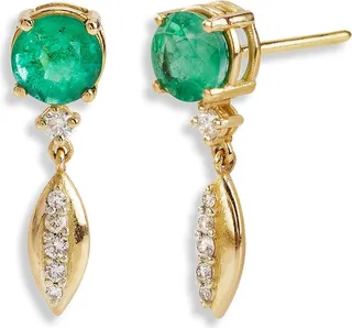 Emerald and Diamond Dew Drop Yellow Gold Earrings