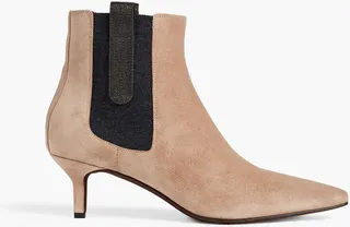 Bead-embellished suede ankle boots