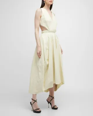 Button Cutout Leather High-Low Midi Dress