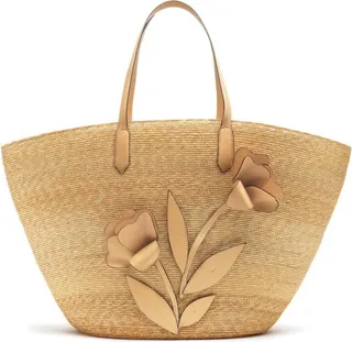 Floral-Appliqué Raffia Tote Bag