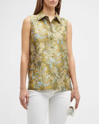 Sleeveless Floral-Print Button-Down Blouse