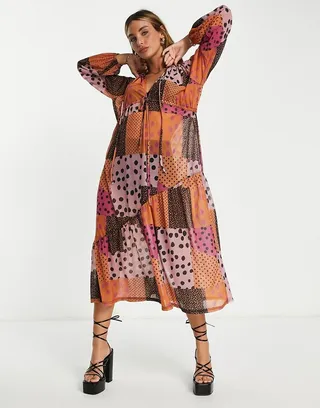 ASOS DESIGN v neck midi dress in mix match spot print